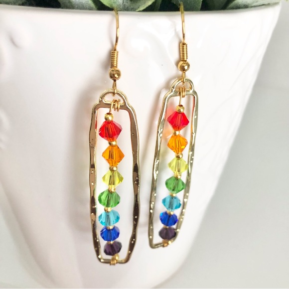 New Sparkling Glass Crystal 18k Gold Plated Hooks Dangling Hoop Rainbow Earrings - Picture 7 of 11